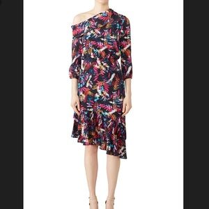 Saloni Navy Fern Lexie Silk Dress Size 8 Asymmetrical Wedding Guest 3/4 Sleeve